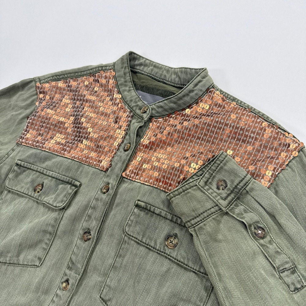 Anthropologie Utility Shirt Womens 6 Olive Green Copper Sequin Embellished Top‎